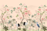 Elegant room with floral pattern on wall and soft, warm decor
